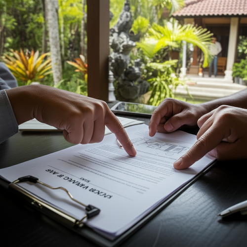 Property owner and contractor reviewing a home repair contract in Bali, emphasizing the importance of a detailed agreement.