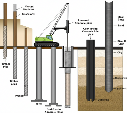 Illustration of different deep foundation types including timber, concrete, and steel piles showing how they transfer loads to deeper, stronger soil layers.
