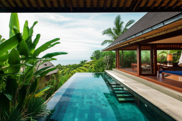 Luxurious Balinese villa with infinity pool overlooking ocean and rice paddies