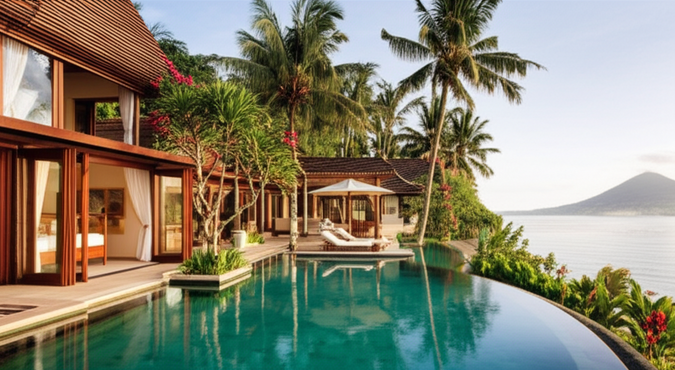 A luxurious Bali villa with an infinity pool overlooking the ocean, showcasing a perfect island home design.