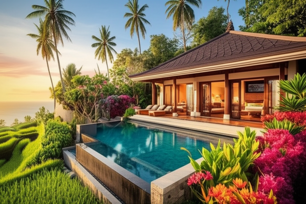 Digital rendering of a modern Bali villa, showcasing luxurious design and tropical surroundings.