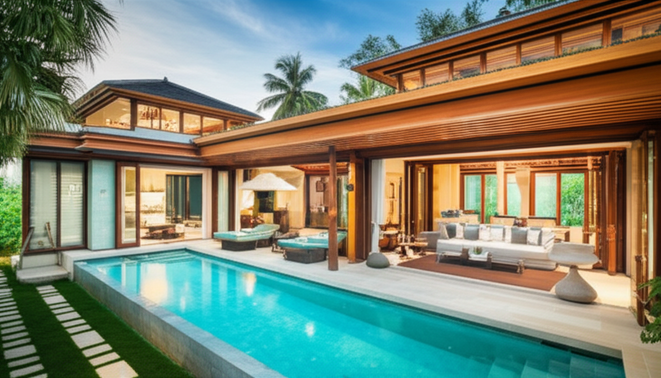 Digital rendering of a modern Bali villa with open-plan living and an infinity pool overlooking a tropical landscape.