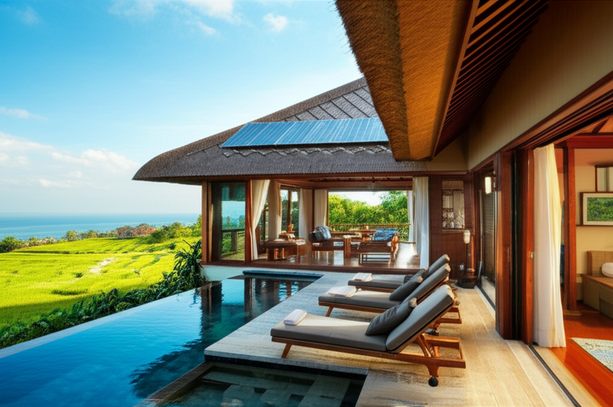 Luxurious Balinese villa with open-plan design, integrating indoor and outdoor spaces, incorporating Balinese architectural elements, and showcasing sustainable practices and panoramic views.