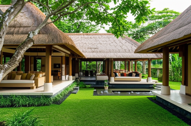 A modern Balinese villa blending seamlessly with its tropical surroundings, featuring open-plan design, natural materials, and lush gardens.