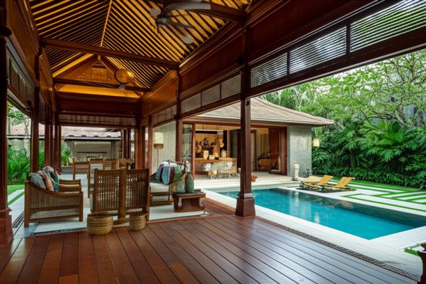 Architectural rendering of a modern Bali villa with open-plan living, natural materials, and tropical landscaping.