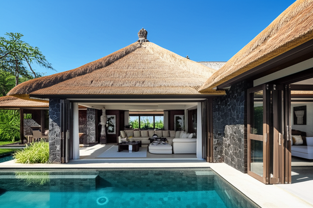 An architectural rendering of a luxurious Bali villa exterior, featuring a traditional thatched roof, volcanic stone walls, and expansive glass doors opening to a lush tropical garden and infinity pool, demonstrating a blend of Balinese and modern sustainable architecture.
