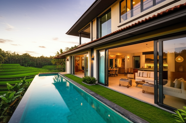 Modern Balinese villa with infinity pool and rice paddy view