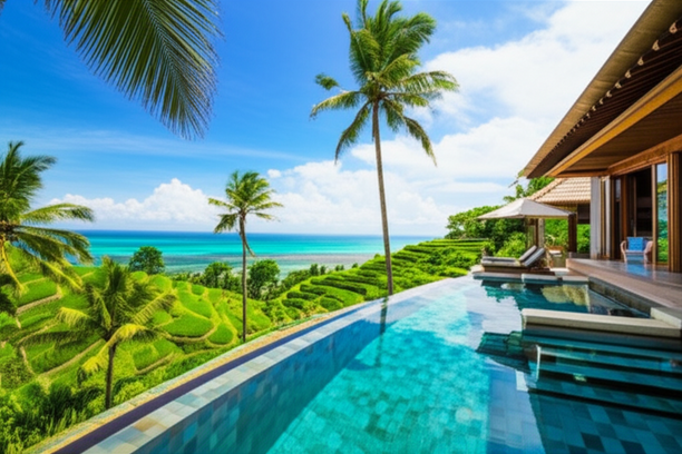 A luxurious Balinese villa with an infinity pool overlooking the ocean and rice terraces.
