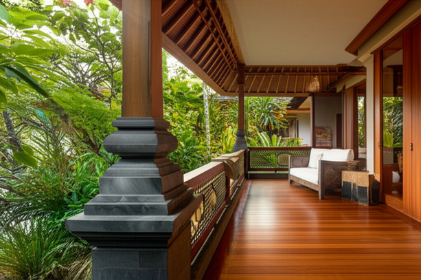 A Balinese balcony showcasing the use of durable, weather-resistant materials like teak and stone in a tropical environment.