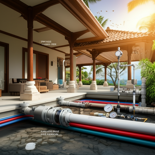 Illustration of a plumbing system in Bali, showcasing durable materials and testing procedures.