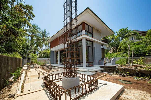 Illustration of a strong, earthquake-resistant foundation in Bali, showcasing deep piles and sustainable building practices.