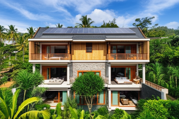 An eco-friendly villa in Bali showcasing sustainable design and materials, including solar panels, recycled timber, bamboo, and natural stone, and passive cooling techniques.