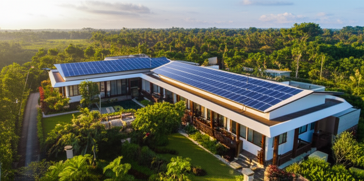 Architectural rendering of a luxurious, eco-friendly resort in Bali, showcasing integrated solar panels and sustainable design.