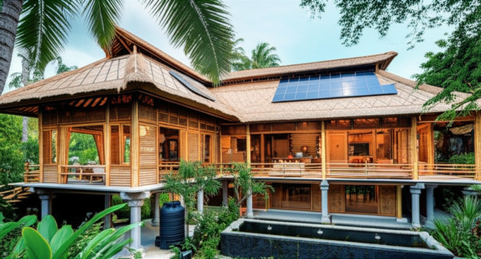 An eco-friendly Balinese villa built with sustainable materials, including bamboo, recycled timber, and lava stone, demonstrating sustainable construction practices.