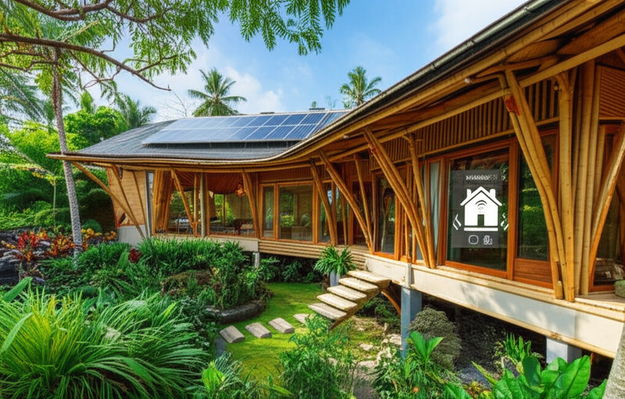 A sustainable building in Bali, constructed from bamboo and other eco-friendly materials, showcasing smart home technology and integrated with the natural landscape.