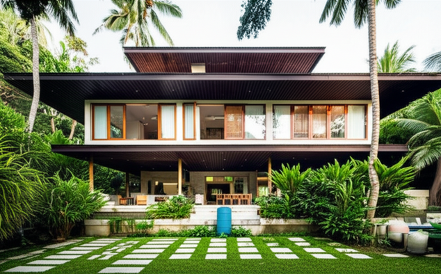 An eco-friendly house in Bali designed with passive design techniques, featuring open plan living, shading, and natural ventilation.