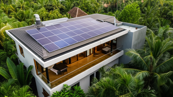 A stunning luxury villa in Bali showcasing sustainable design features like solar panels and rainwater harvesting, blending seamlessly with the tropical landscape.
