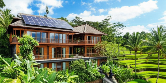 An eco-friendly villa in Bali showcasing sustainable design with solar panels, lush landscaping, and natural materials.