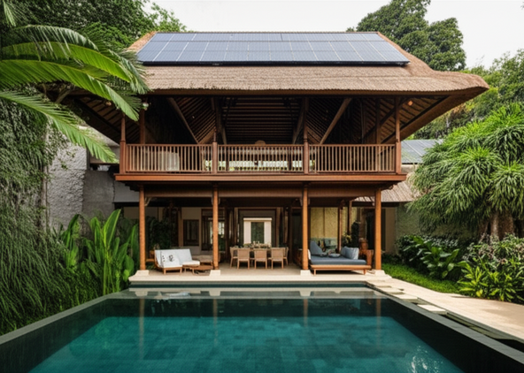 Eco-friendly villa in Bali with alang-alang roof and sustainable design.