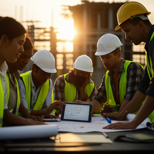 A team of professionals collaborating on a construction project in Bali, reviewing plans and progress reports, emphasizing effective project management and communication.