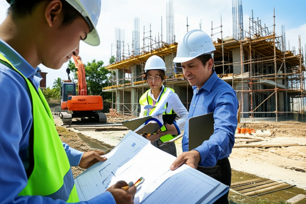 Construction project in Bali with modern machinery and skilled workers, emphasizing quality and efficiency.