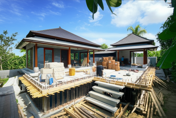Architectural rendering of a modern Balinese villa under construction, showcasing quality materials and expert craftsmanship.