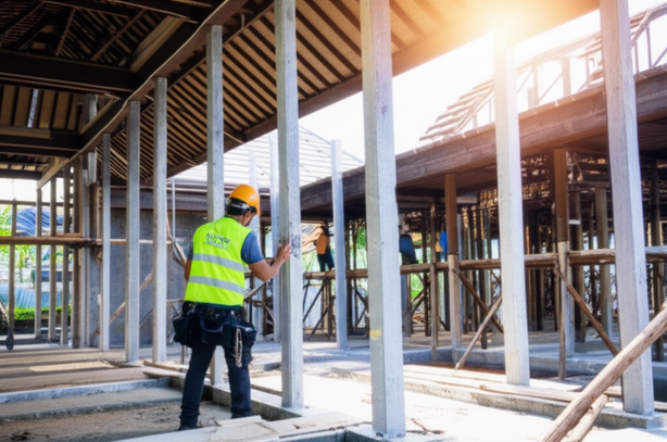 Construction worker examining structural framing in a Balinese villa.