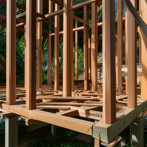 Illustration of a house frame in Bali, showcasing expert framing for structural integrity.
