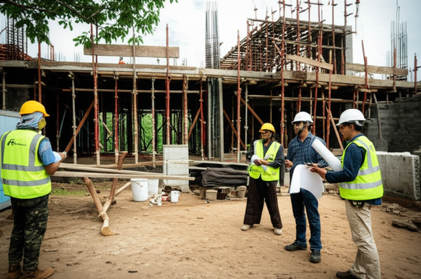 A general contractor overseeing construction in Bali, Indonesia, demonstrating expertise in residential building.