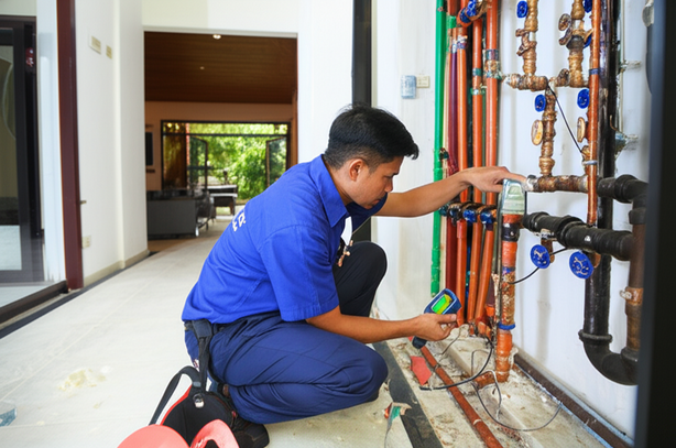 Balinese plumbing contractor using advanced tools to inspect plumbing system in a villa.