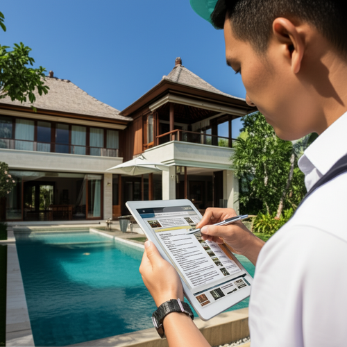 Completed luxury villa in Bali undergoing a final inspection with a detailed snagging list being reviewed.