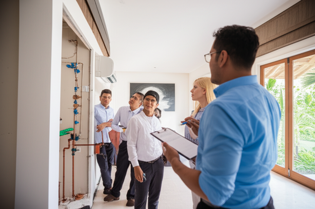 Final inspection of a luxury villa in Bali, showcasing quality control and attention to detail.