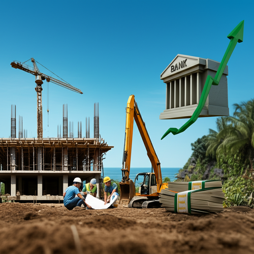 Illustration of construction in Bali, with financial elements, representing the financial planning needed for construction projects.