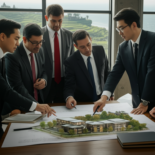 Investors collaborating on financing for a commercial building project in Bali, with blueprints and financial documents.