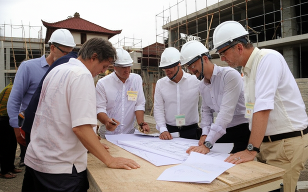 People discussing construction plans at a Bali construction site, illustrating the process of finding the right local contractor.