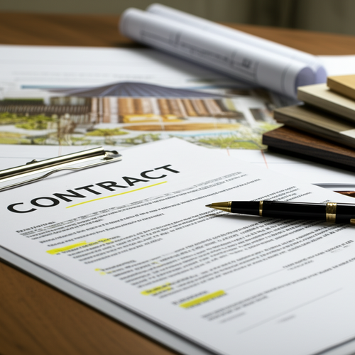 A construction contract with architectural plans and building material samples, representing the formal agreement for a Bali project.