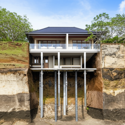 Illustration of a building foundation in Bali, showing deep piling and reinforced concrete, designed to withstand earthquakes and seismic activity.