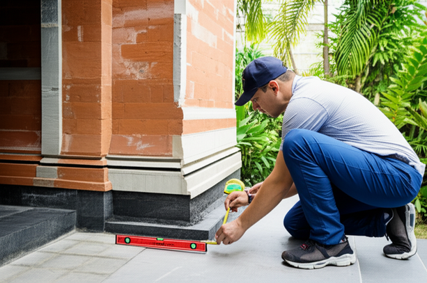 A professional inspecting the foundation of a Balinese building, emphasizing the importance of regular checks for longevity.