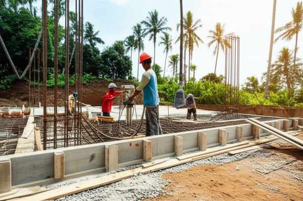 Professional foundation installation in Bali, including site assessment, excavation, formwork, and concrete pouring.