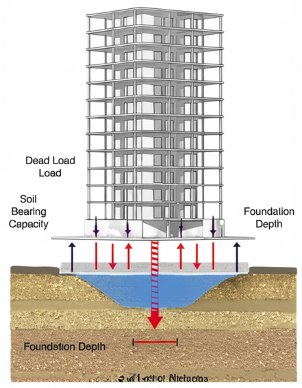 Illustration of a building foundation distributing the building's weight across the soil, preventing soil failure and uneven settlement.