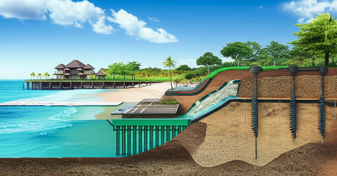 Illustration showcasing different foundation types used in Bali, adapted for the tropical climate, diverse soil conditions, and seismic activity.