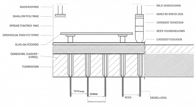 Illustration comparing and contrasting different foundation types: spread footings, strip footings, slab-on-grade, piles, and caissons.
