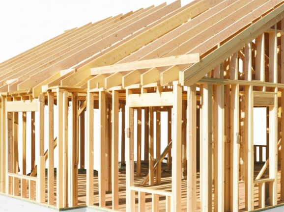Illustration showing the framing of a house, highlighting different materials and techniques.