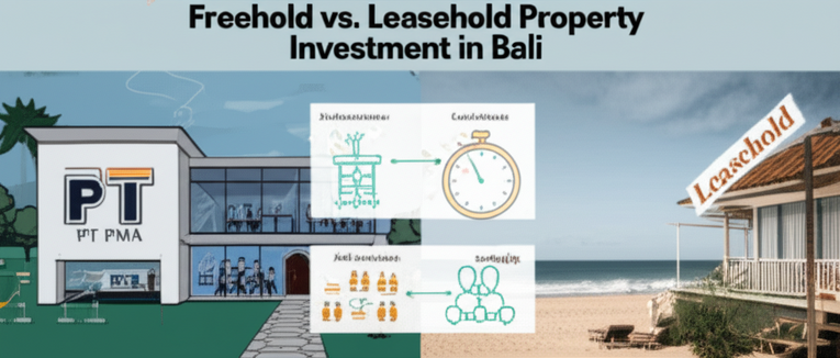 Illustration comparing freehold and leasehold property investment options in Bali, showcasing the benefits and considerations of each.