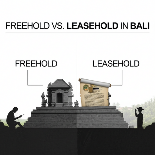 Illustration comparing Freehold and Leasehold land ownership in Bali, showcasing the differences in ownership rights and legal implications for foreign investors.