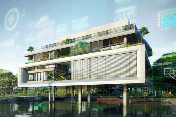 Architectural rendering of a modern sustainable building in Bali incorporating innovative construction techniques and smart materials.