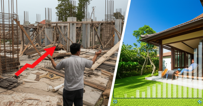 Image depicting the difference between working with a bad GC and a good GC in Bali. One side shows a construction site in disarray, while the other depicts a finished, beautiful villa.
