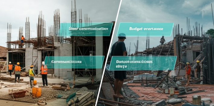 Split-screen image contrasting a well-managed and a poorly managed construction site in Bali, highlighting the key attributes of a superior general contractor.