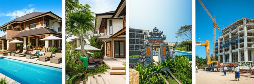 Illustration of various construction projects in Bali including villas, hotels, and office buildings, showcasing the services of a general construction company.