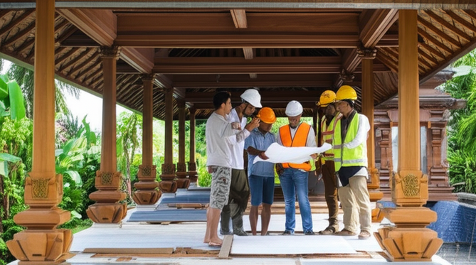 A general contractor overseeing construction of a Balinese villa